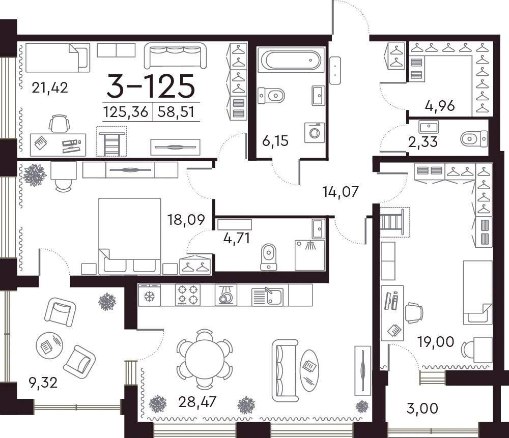 Планировка: Трёхкомнатная квартира 126 м² в «Familia»