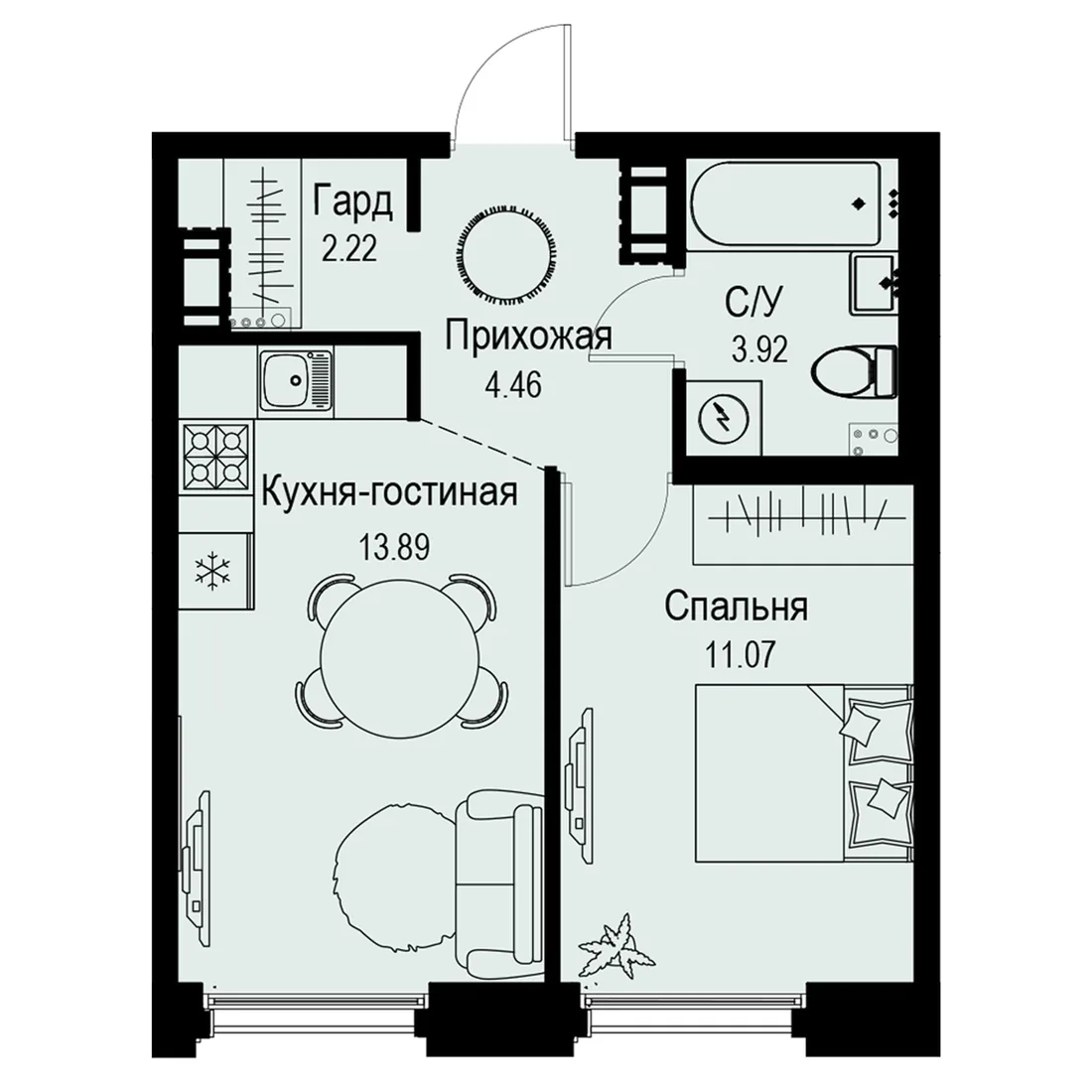 Планировка: Двухкомнатная квартира 36 м² в «iD Petrogradskaya»