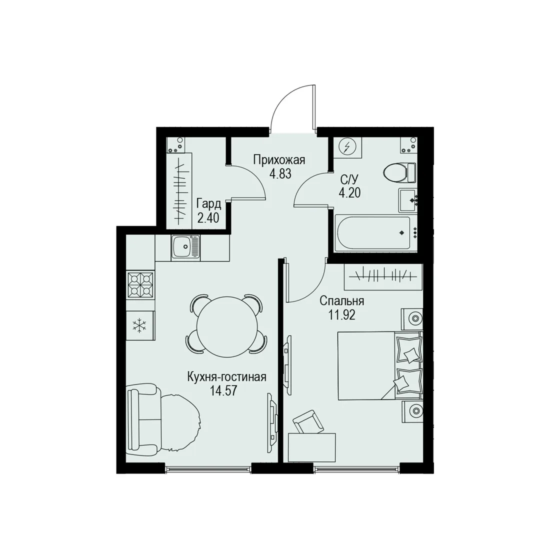 Планировка: Двухкомнатная квартира 38 м² в «iD Petrogradskaya»