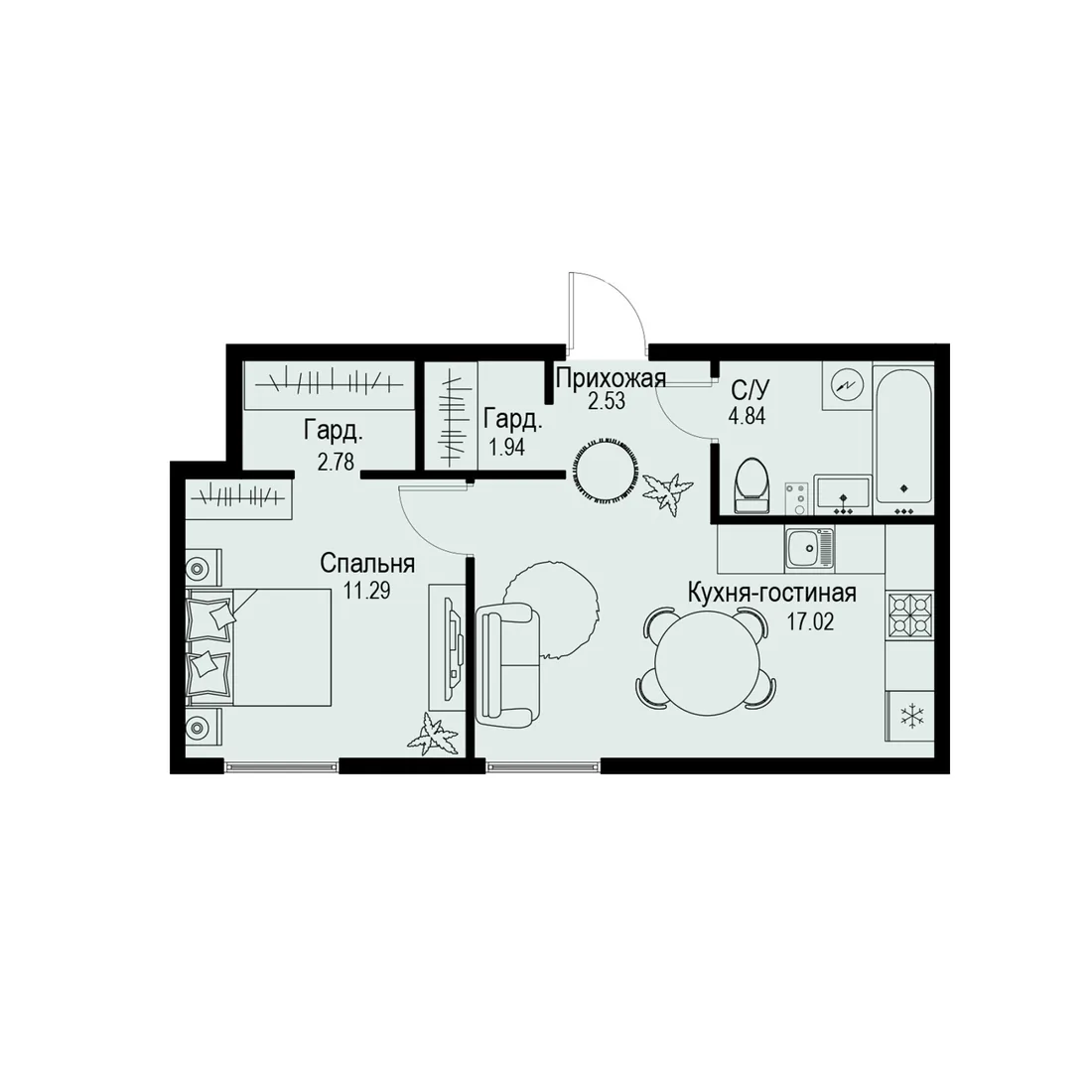Планировка: Двухкомнатная квартира 40 м² в «iD Petrogradskaya»
