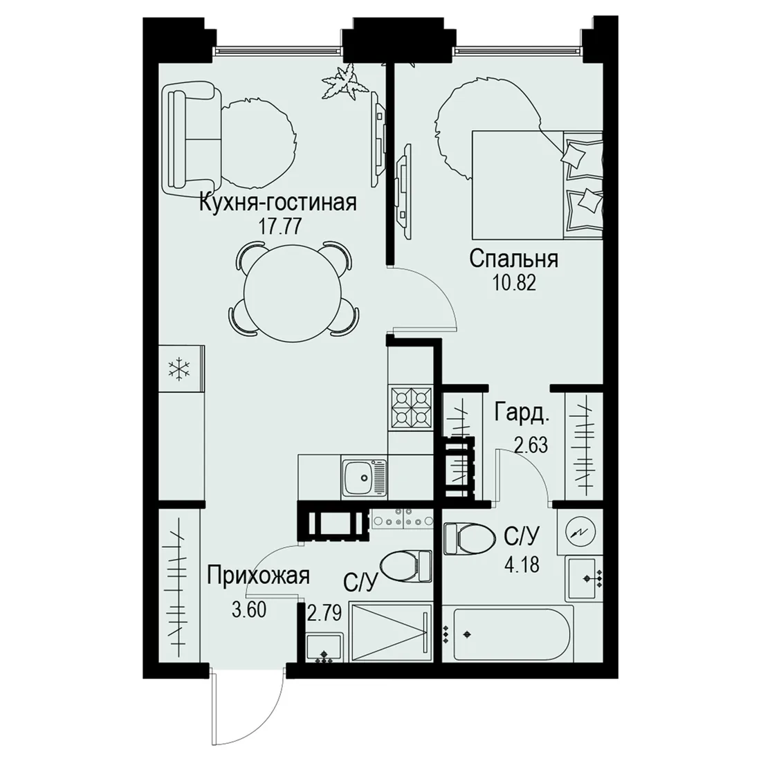 Планировка: Двухкомнатная квартира 42 м² в «iD Petrogradskaya»