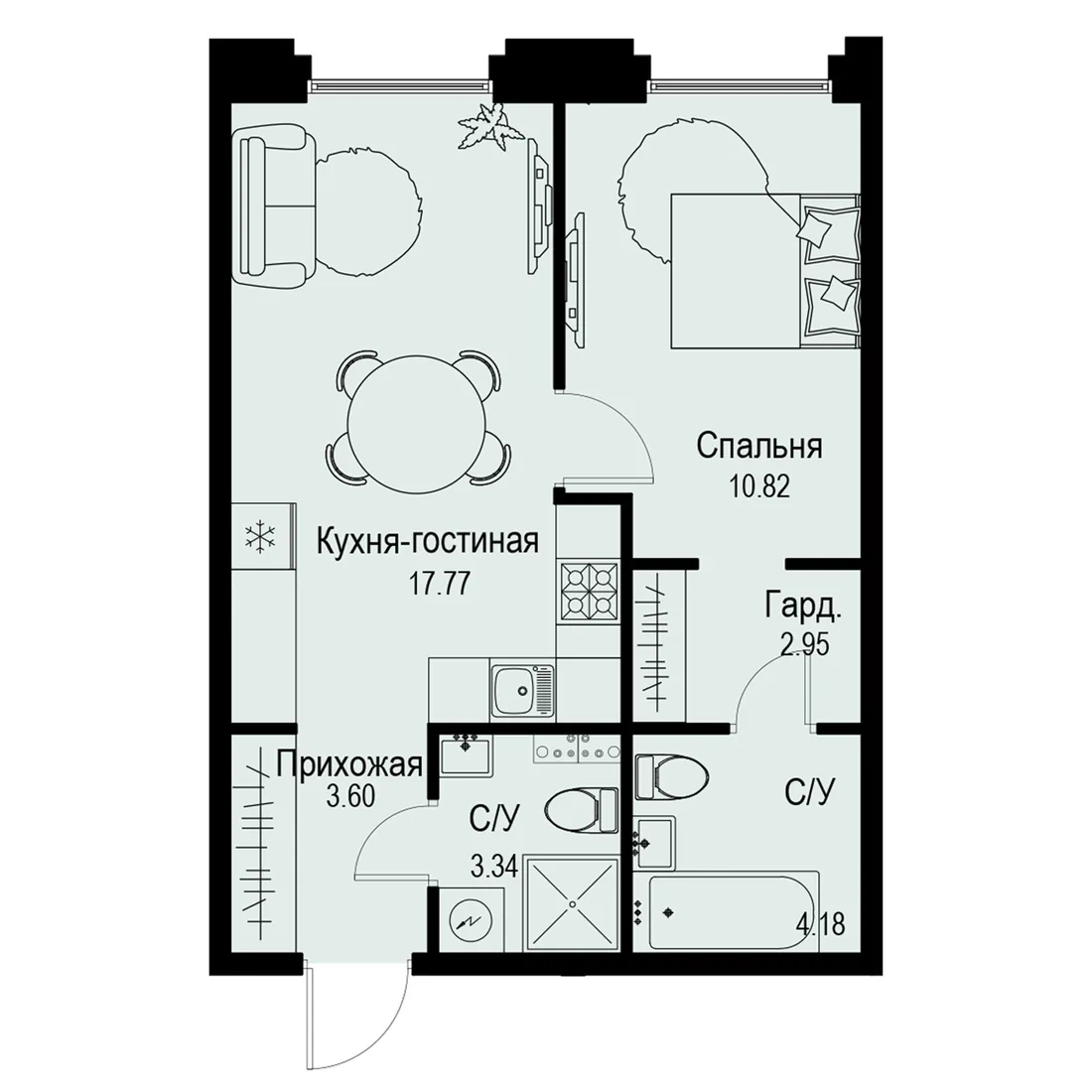 Планировка: Двухкомнатная квартира 43 м² в «iD Petrogradskaya»