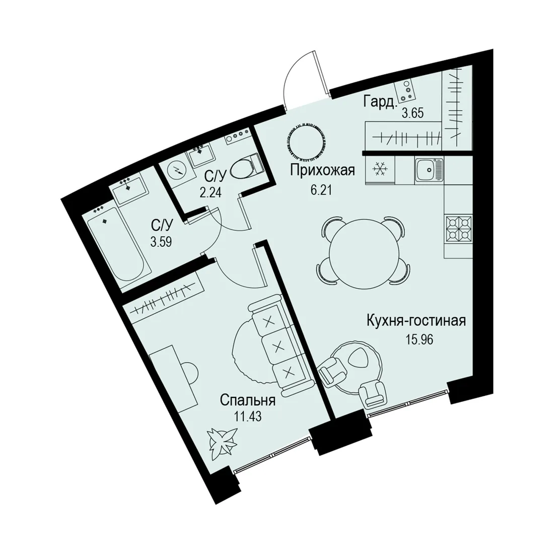 Планировка: Двухкомнатная квартира 43 м² в «iD Petrogradskaya»