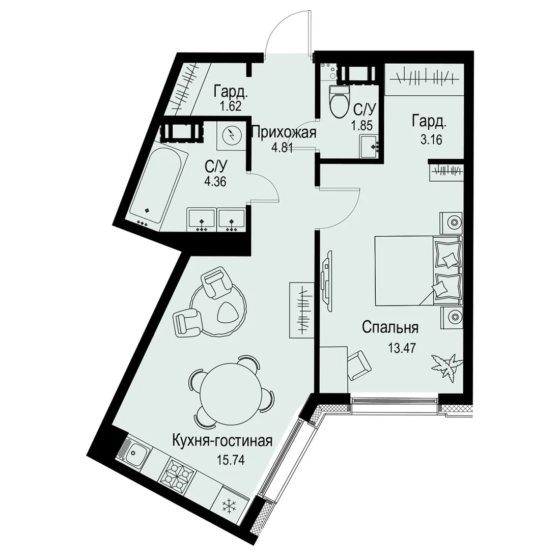 Планировка: Двухкомнатная квартира 45 м² в «iD Petrogradskaya»