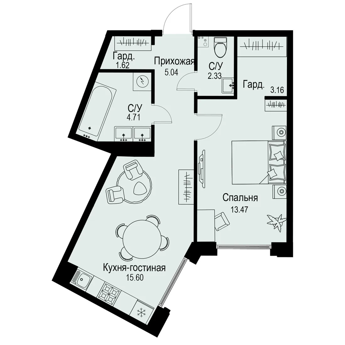 Планировка: Двухкомнатная квартира 46 м² в «iD Petrogradskaya»