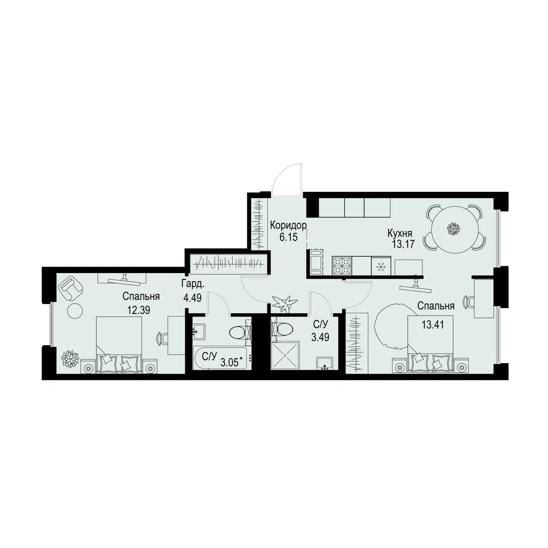 Планировка: Двухкомнатная квартира 56 м² в «iD Petrogradskaya»