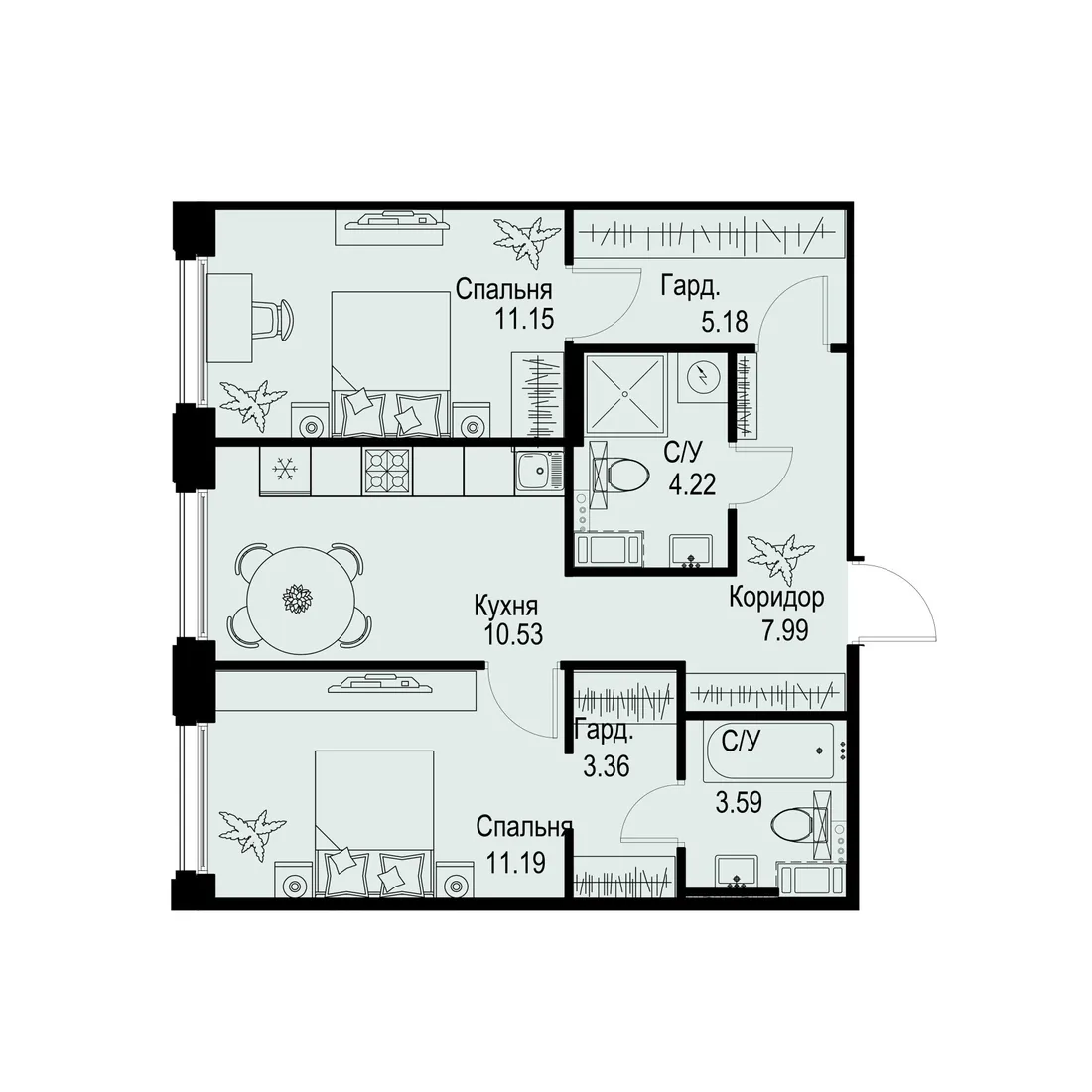 Планировка: Двухкомнатная квартира 57 м² в «iD Petrogradskaya»
