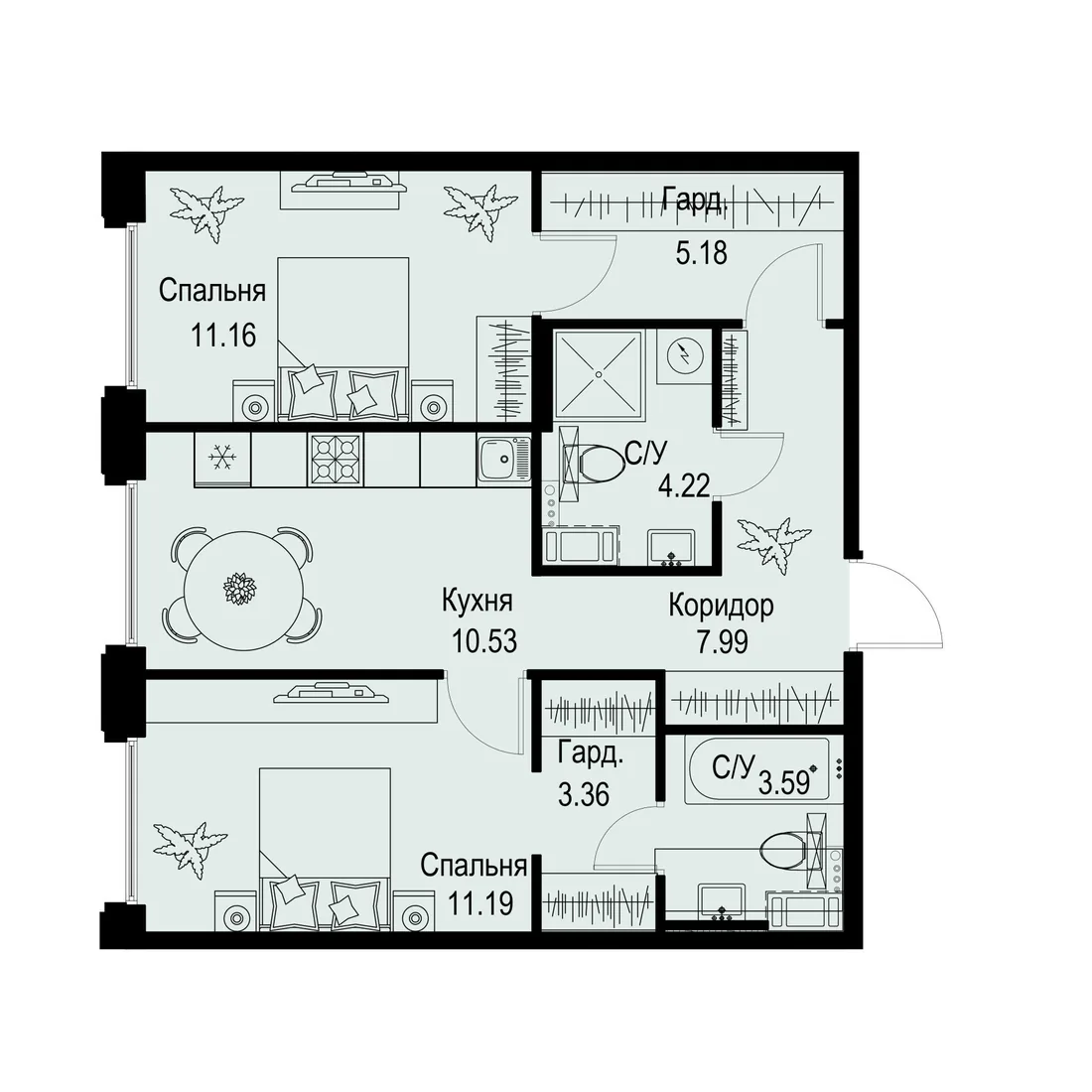 Планировка: Двухкомнатная квартира 57 м² в «iD Petrogradskaya»