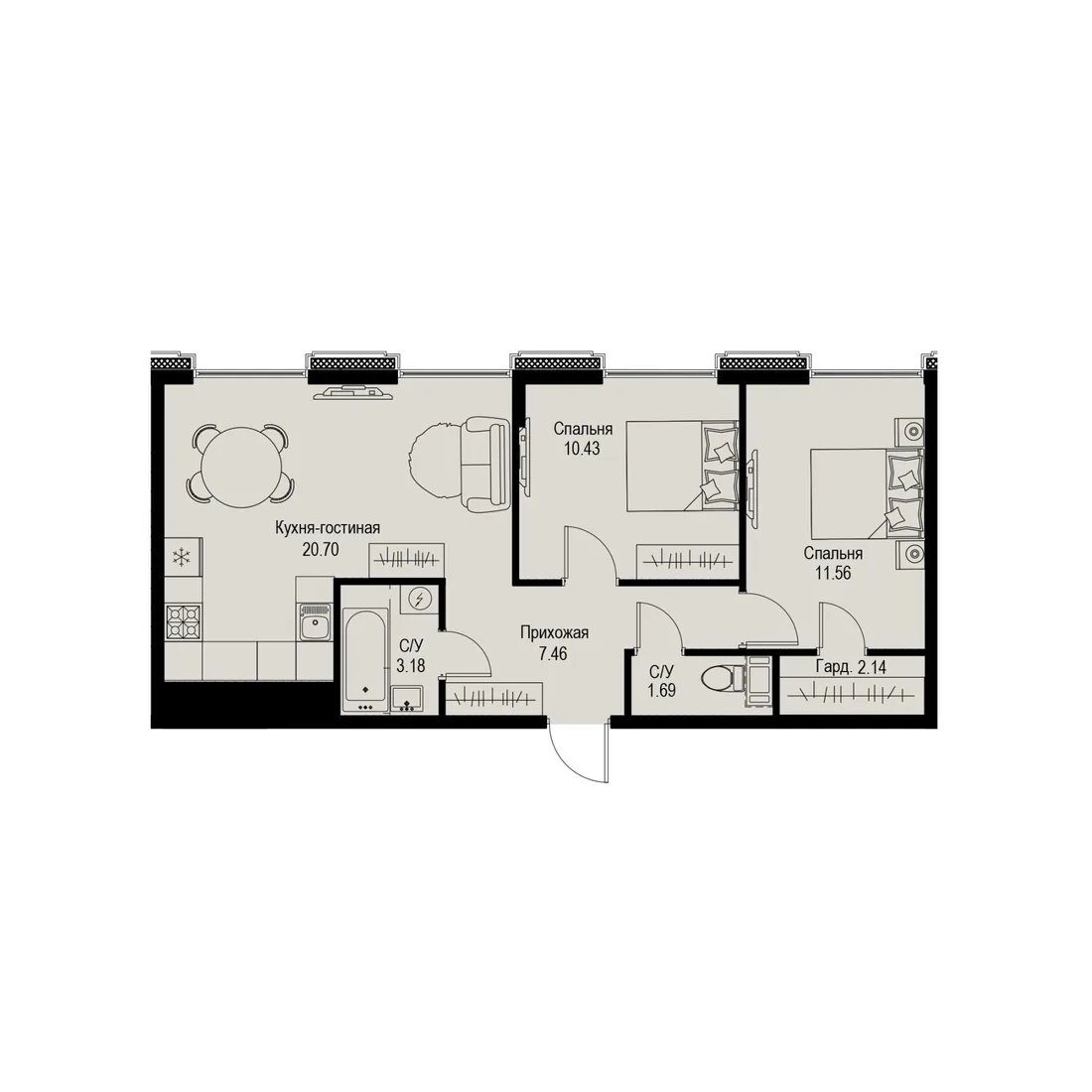 Планировка: Трёхкомнатная квартира 57 м² в «iD Petrogradskaya»