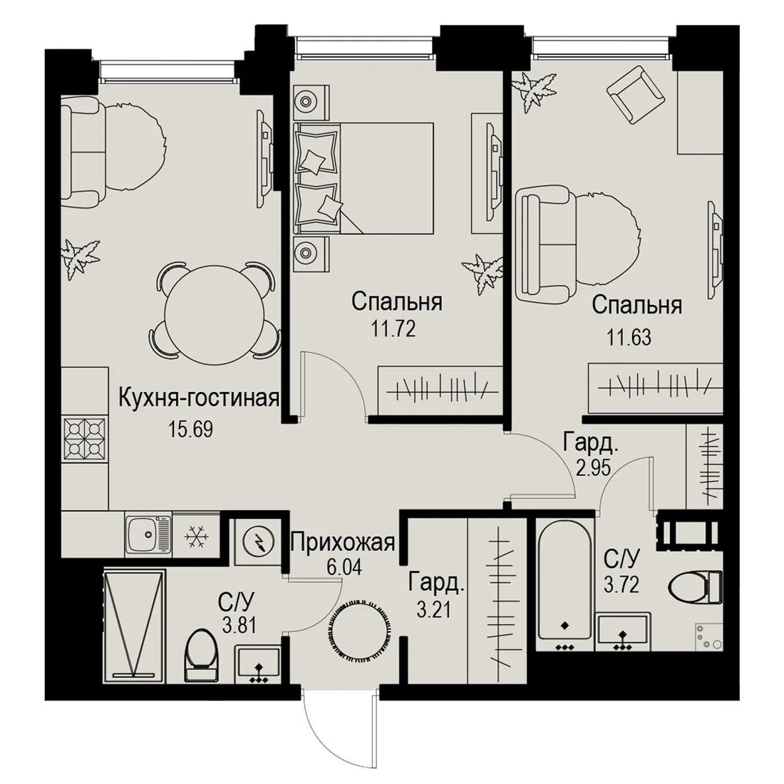 Планировка: Трёхкомнатная квартира 59 м² в «iD Petrogradskaya»