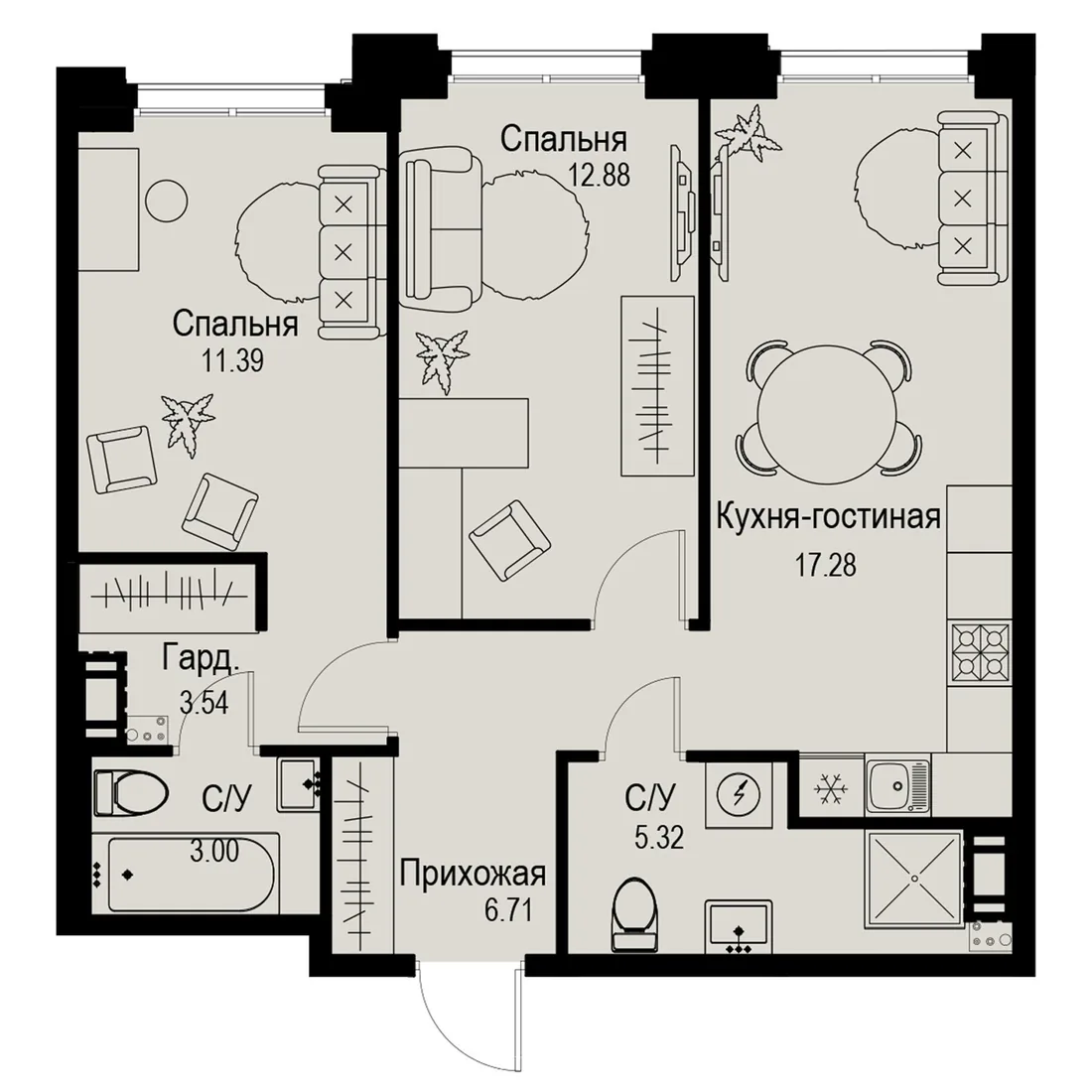 Планировка: Трёхкомнатная квартира 60 м² в «iD Petrogradskaya»