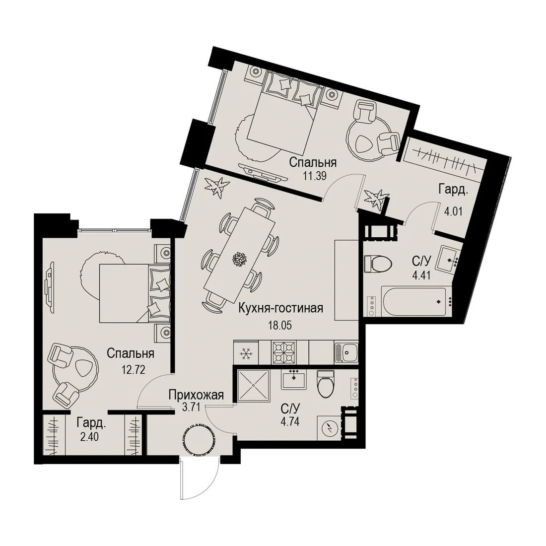 Планировка: Трёхкомнатная квартира 61 м² в «iD Petrogradskaya»