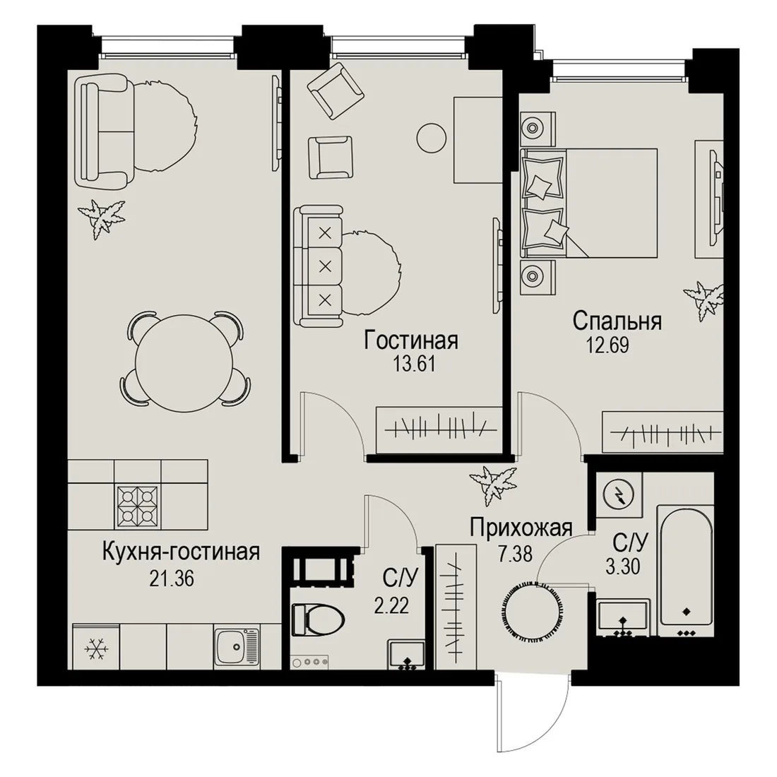 Планировка: Трёхкомнатная квартира 61 м² в «iD Petrogradskaya»