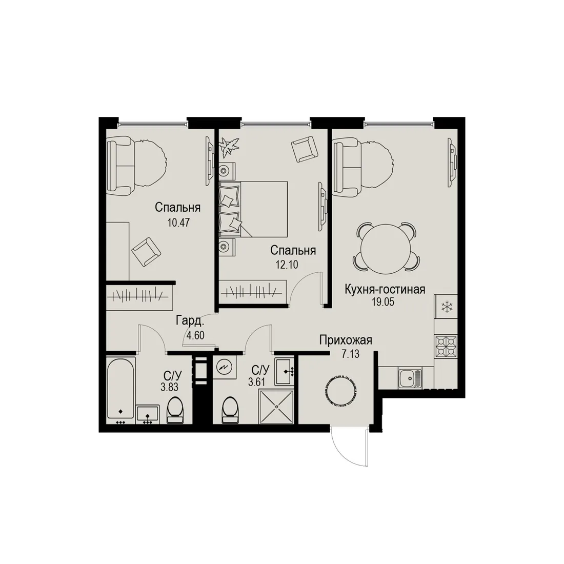 Планировка: Трёхкомнатная квартира 61 м² в «iD Petrogradskaya»