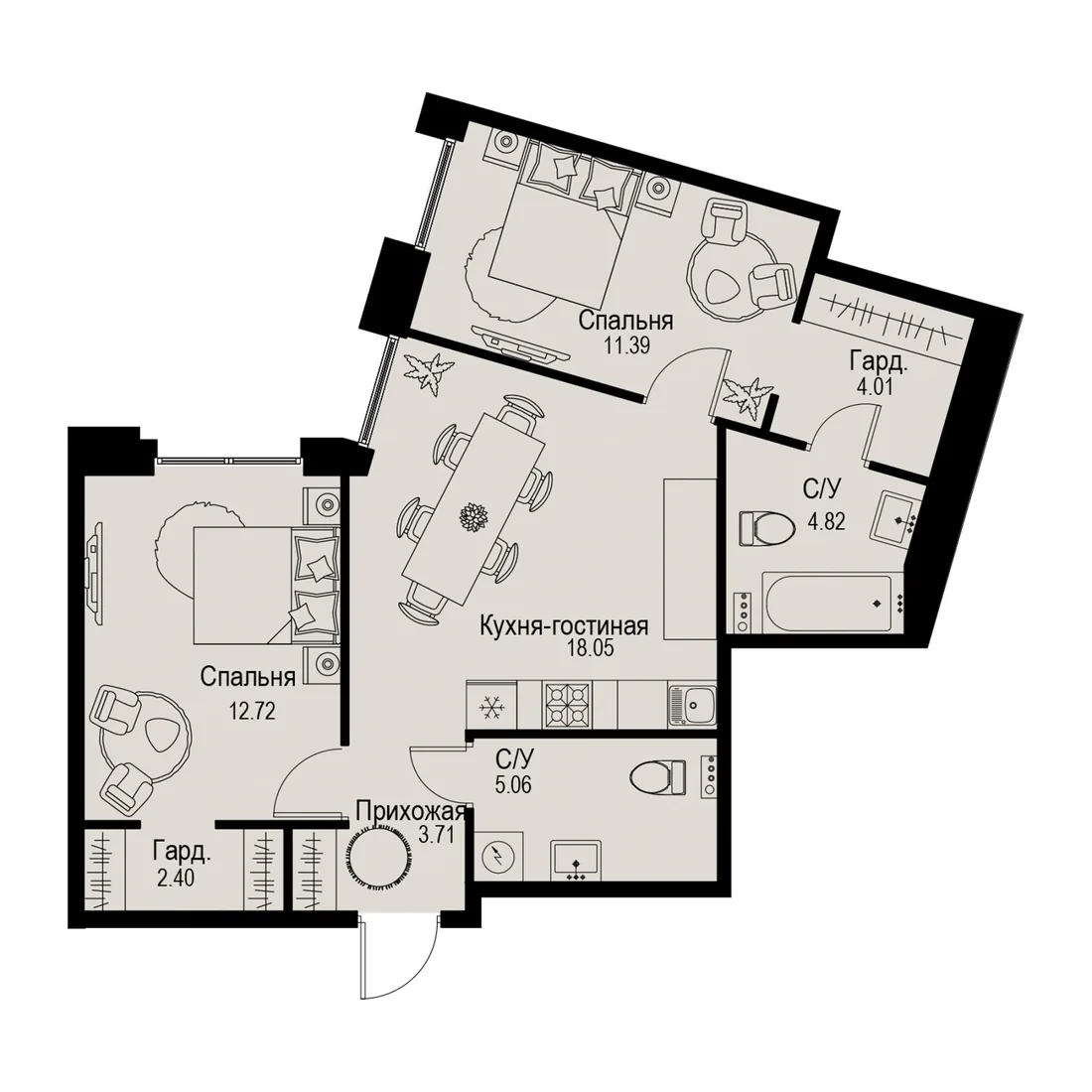 Планировка: Трёхкомнатная квартира 62 м² в «iD Petrogradskaya»
