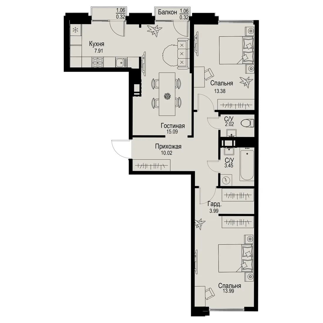 Планировка: Трёхкомнатная квартира 70 м² в «iD Petrogradskaya»