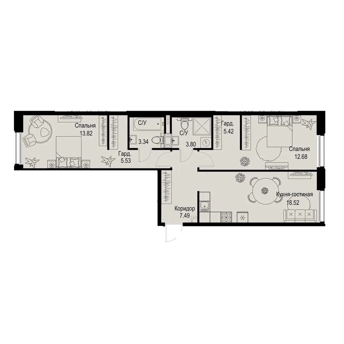Планировка: Трёхкомнатная квартира 71 м² в «iD Petrogradskaya»