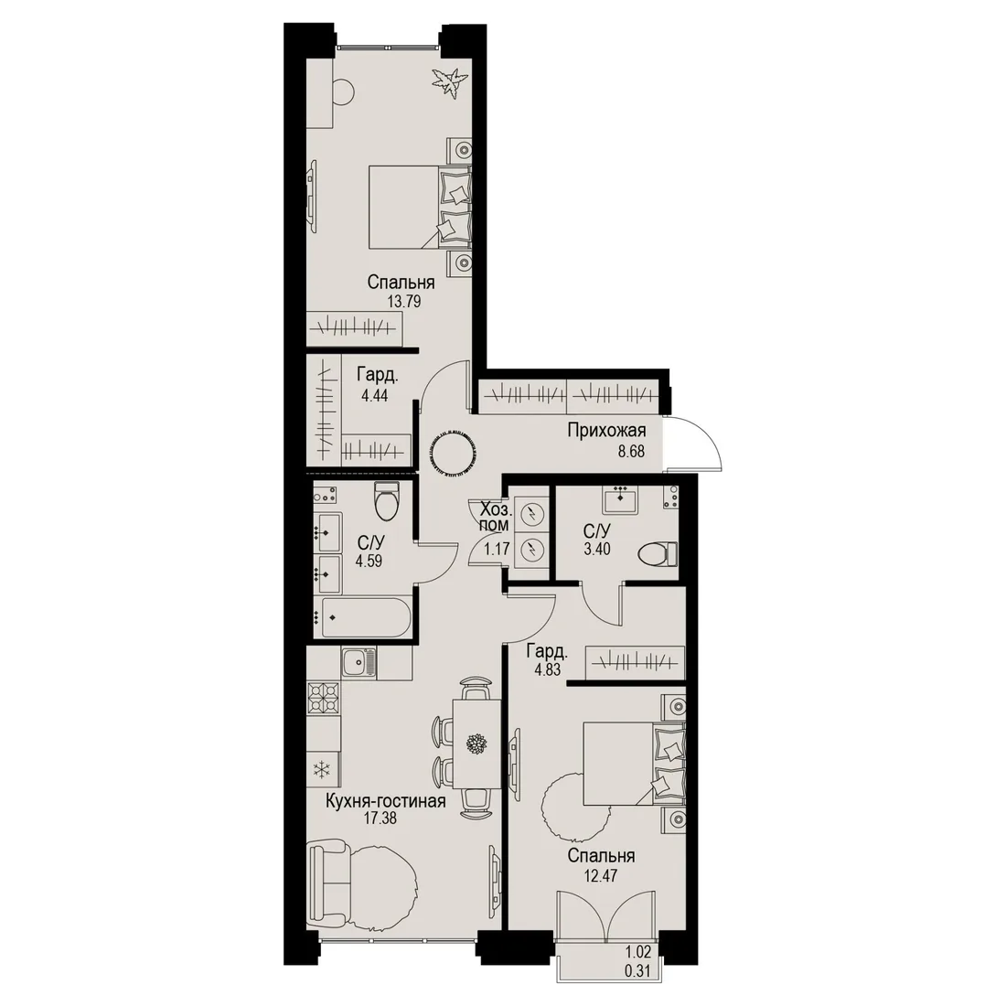 Планировка: Трёхкомнатная квартира 71 м² в «iD Petrogradskaya»