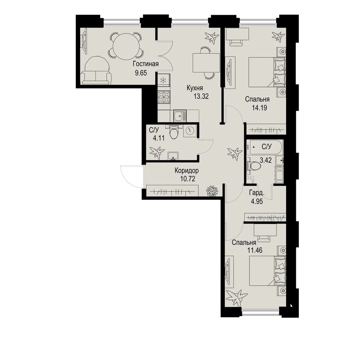 Планировка: Трёхкомнатная квартира 72 м² в «iD Petrogradskaya»