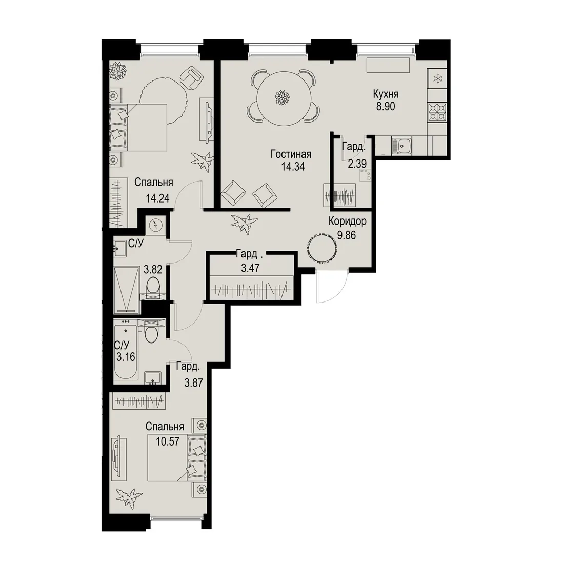 Планировка: Трёхкомнатная квартира 75 м² в «iD Petrogradskaya»