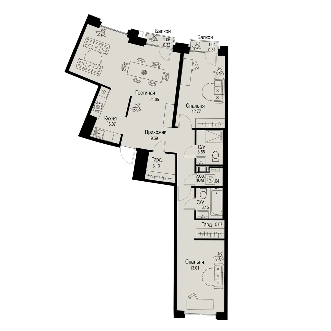 Планировка: Трёхкомнатная квартира 83 м² в «iD Petrogradskaya»