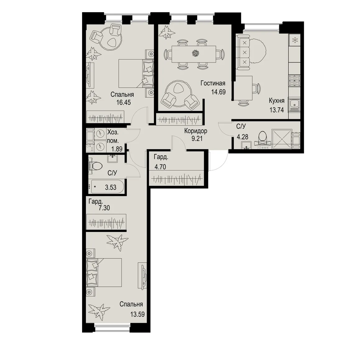 Планировка: Трёхкомнатная квартира 89 м² в «iD Petrogradskaya»