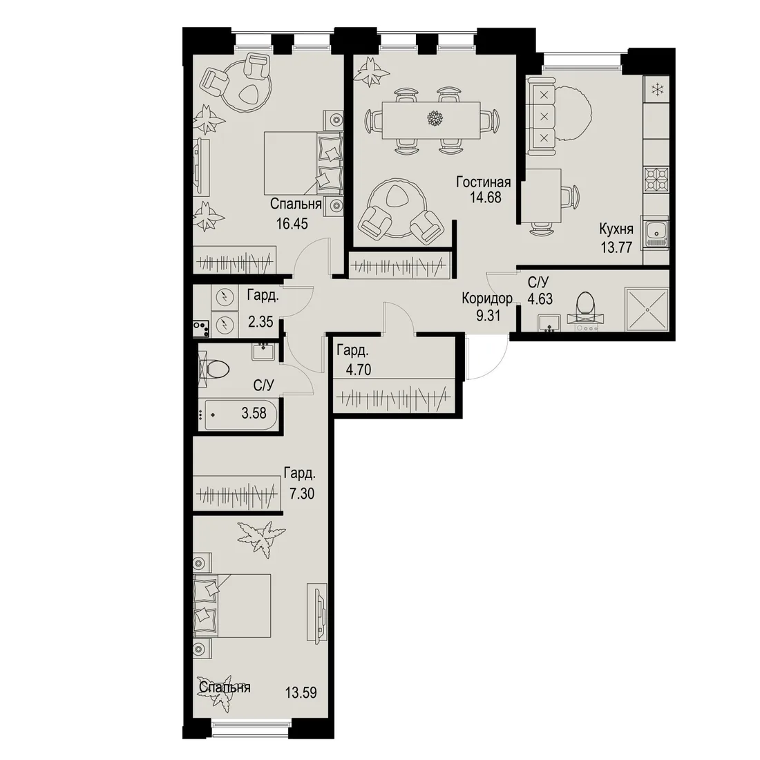 Планировка: Трёхкомнатная квартира 90 м² в «iD Petrogradskaya»