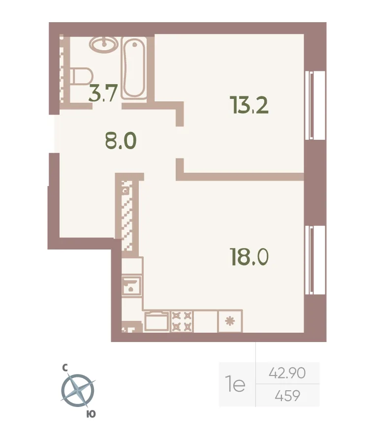 Планировка: Однокомнатная квартира 43 м² в «Neva Haus»