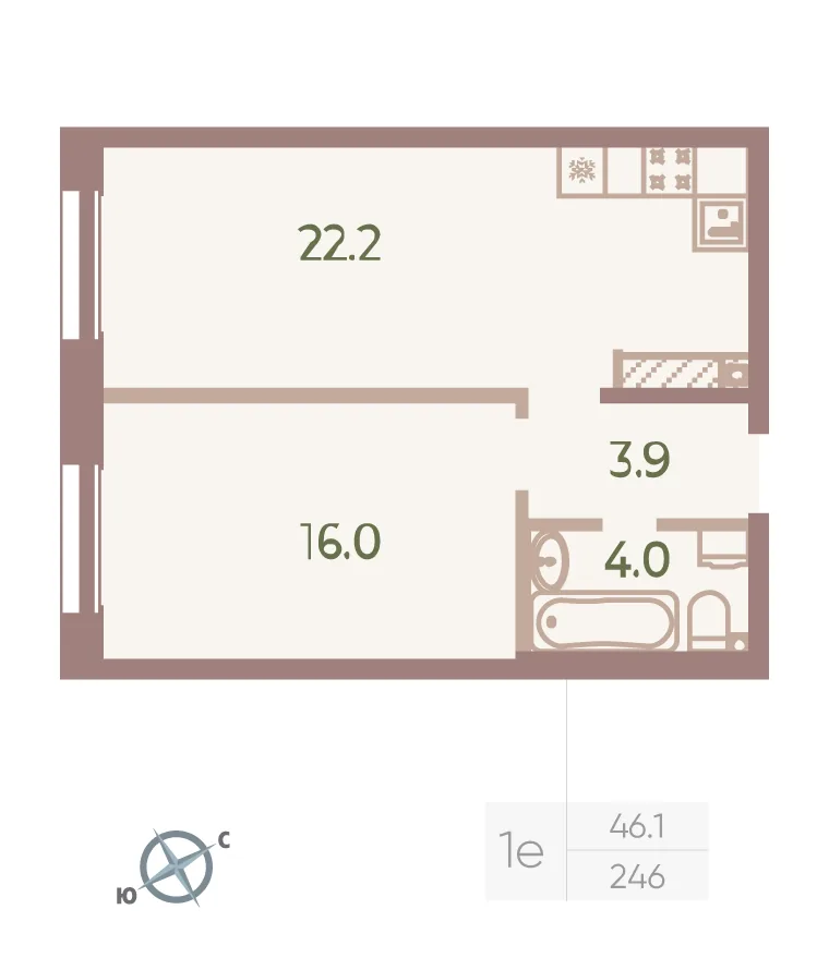Планировка: Однокомнатная квартира 46 м² в «Neva Haus»
