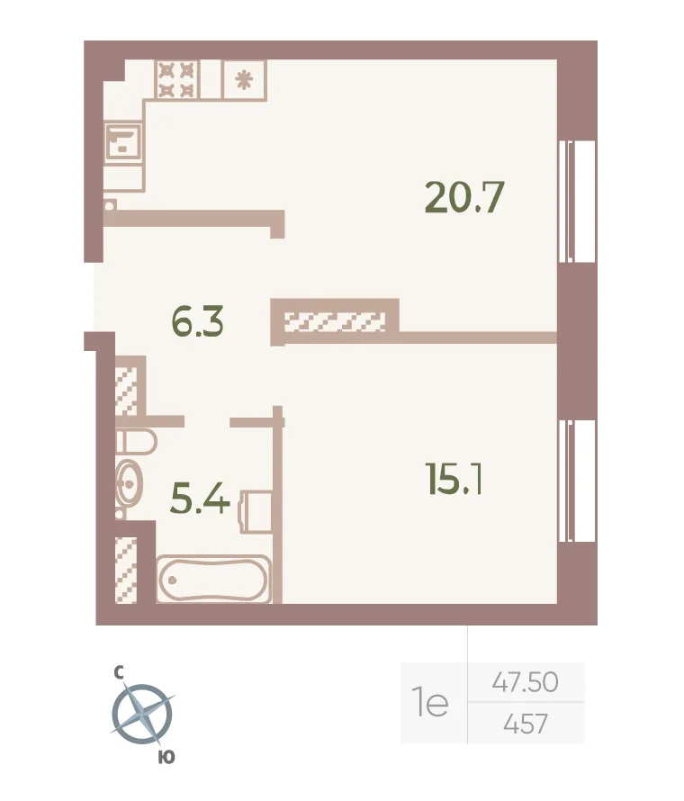 Планировка: Однокомнатная квартира 48 м² в «Neva Haus»