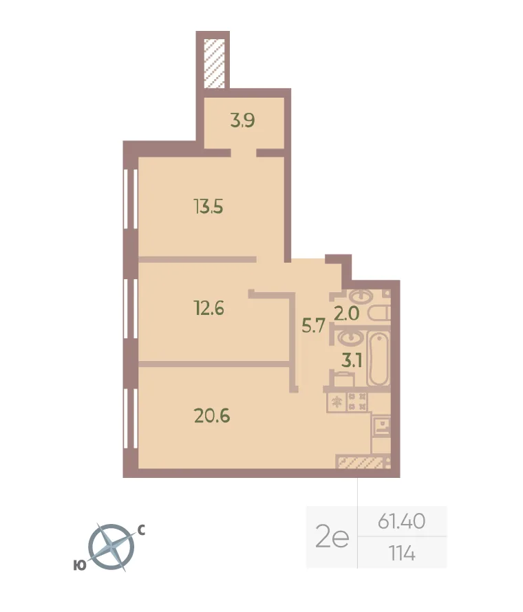 Планировка: Двухкомнатная квартира 61 м² в «Neva Haus»