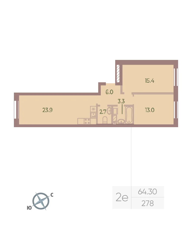 Планировка: Двухкомнатная квартира 64 м² в «Neva Haus»