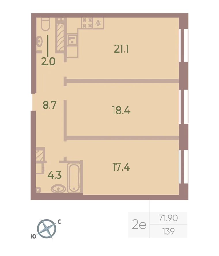 Планировка: Двухкомнатная квартира 72 м² в «Neva Haus»