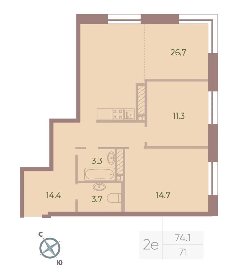 Планировка: Двухкомнатная квартира 74 м² в «Neva Haus»
