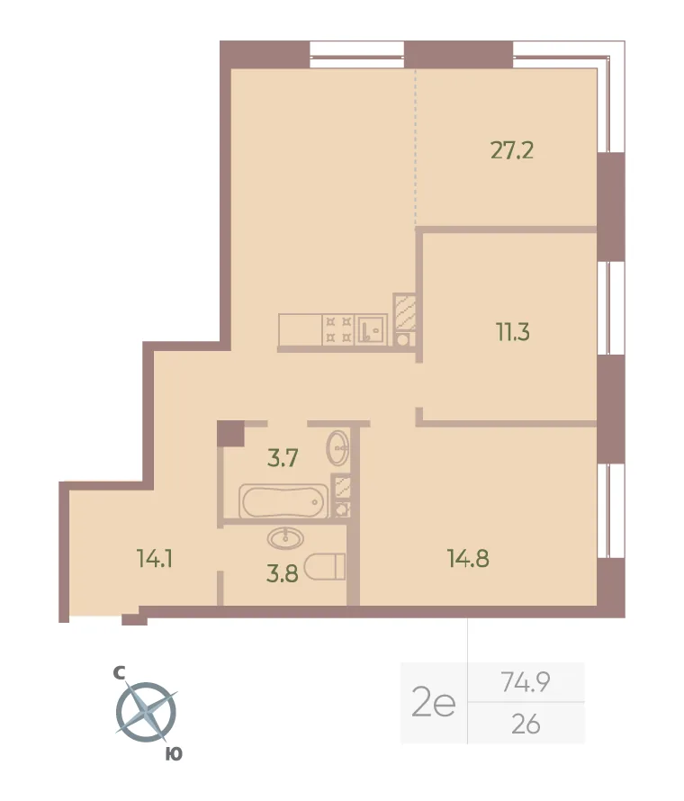 Планировка: Двухкомнатная квартира 75 м² в «Neva Haus»