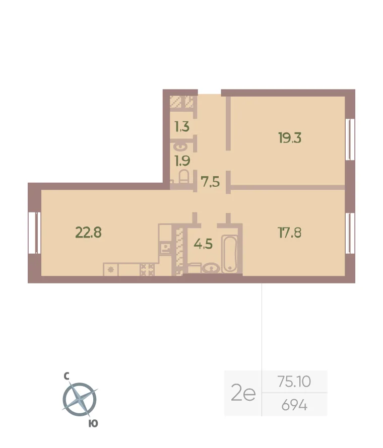 Планировка: Двухкомнатная квартира 75 м² в «Neva Haus»