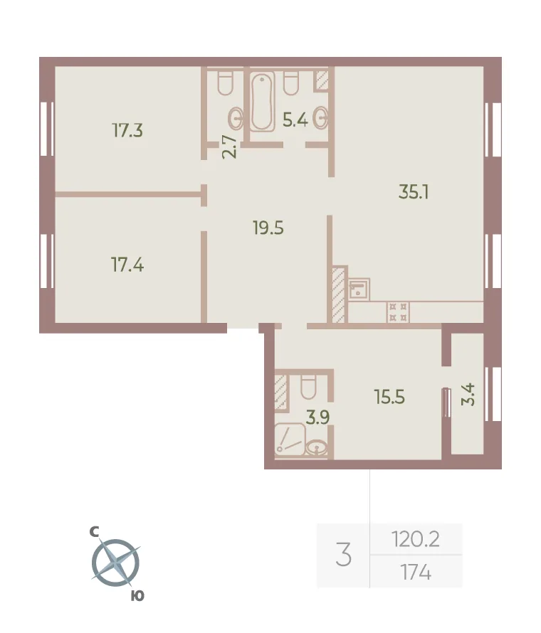 Планировка: Трёхкомнатная квартира 118 м² в «Neva Haus»