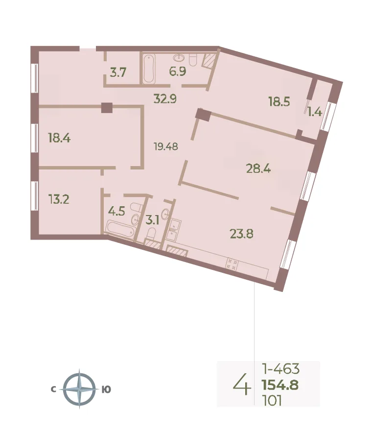 Планировка: Четырёхкомнатная квартира 155 м² в «Neva Haus»