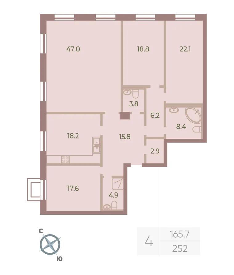 Планировка: Четырёхкомнатная квартира 166 м² в «Neva Haus»