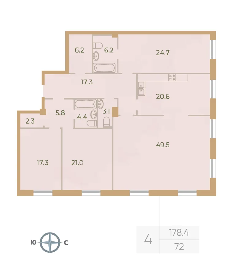 Планировка: Четырёхкомнатная квартира 178 м² в «Neva Haus»