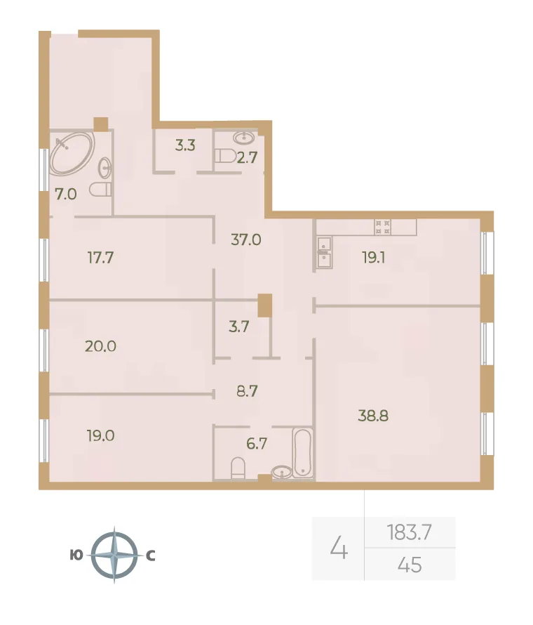 Планировка: Четырёхкомнатная квартира 184 м² в «Neva Haus»