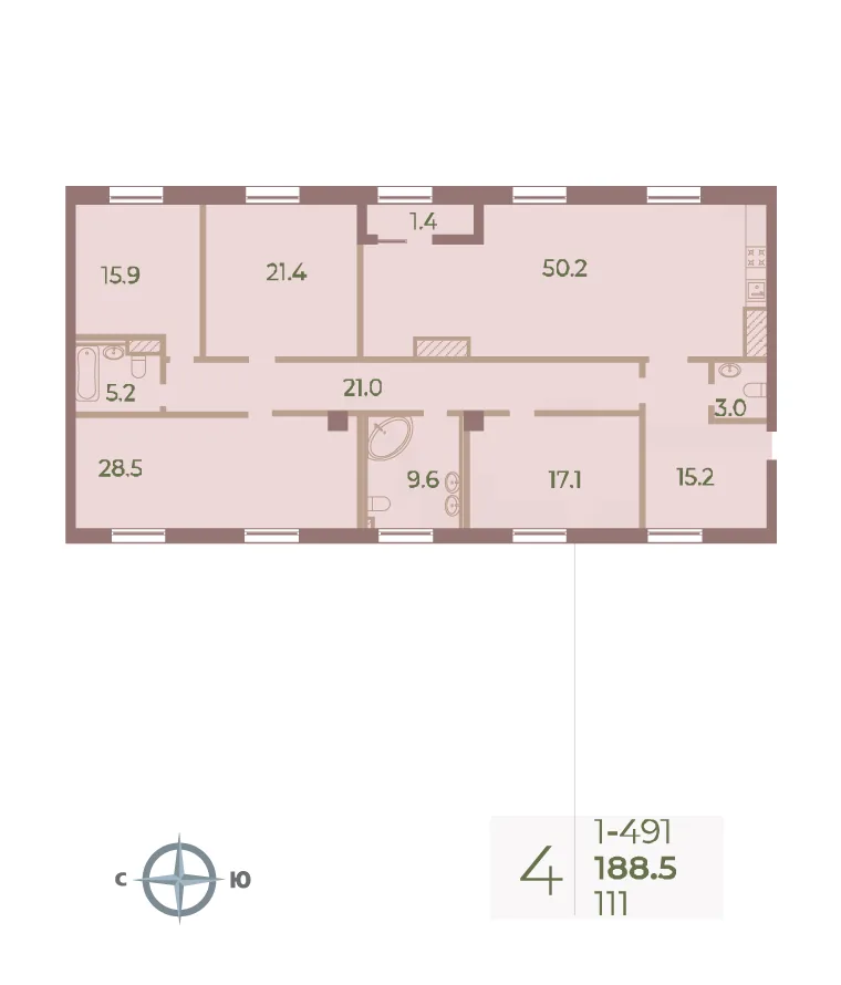 Планировка: Четырёхкомнатная квартира 188 м² в «Neva Haus»