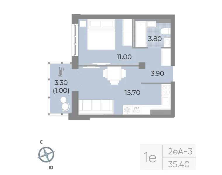 Планировка: Однокомнатная квартира 35 м² в «Neva Residence»