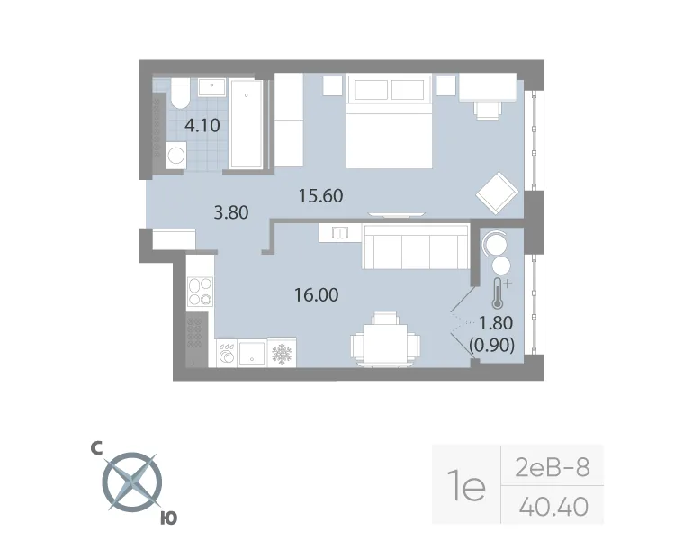 Планировка: Однокомнатная квартира 40 м² в «Neva Residence»