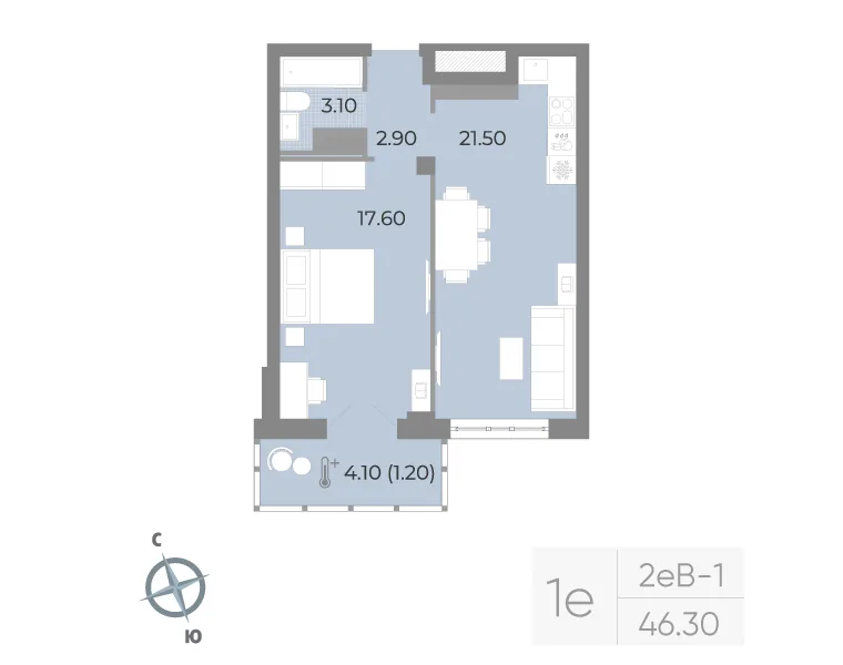 Планировка: Однокомнатная квартира 46 м² в «Neva Residence»