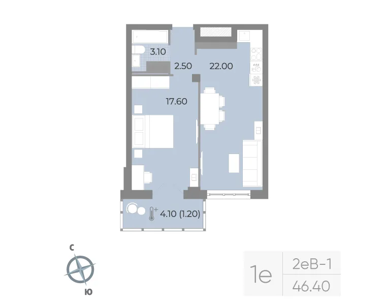 Планировка: Однокомнатная квартира 46 м² в «Neva Residence»