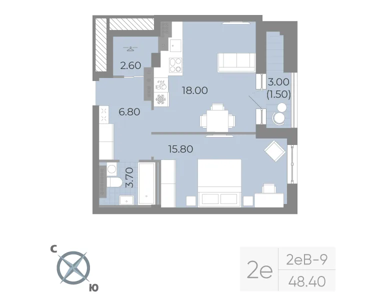 Планировка: Однокомнатная квартира 48 м² в «Neva Residence»