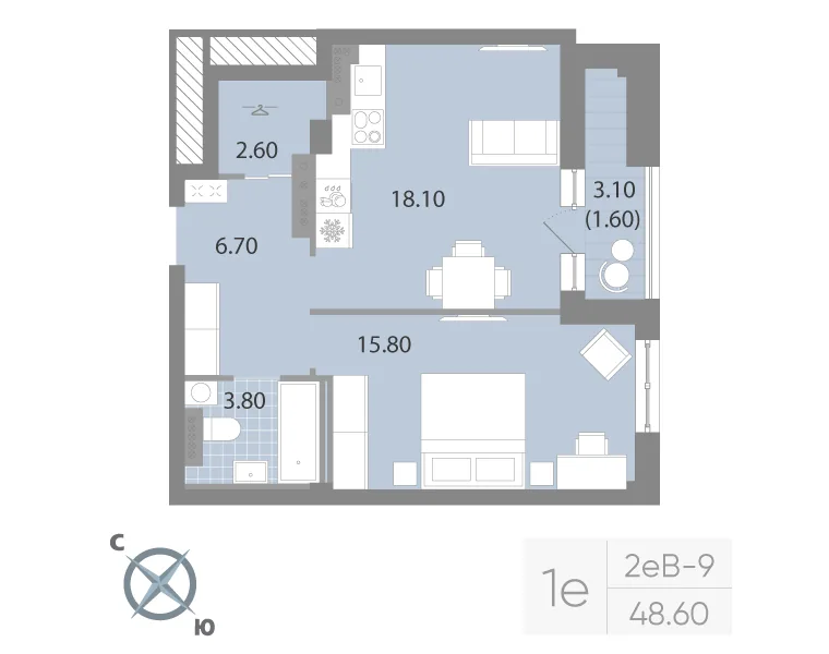 Планировка: Однокомнатная квартира 49 м² в «Neva Residence»
