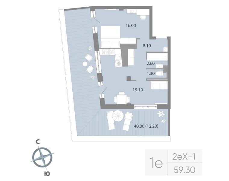 Планировка: Однокомнатная квартира 59 м² в «Neva Residence»