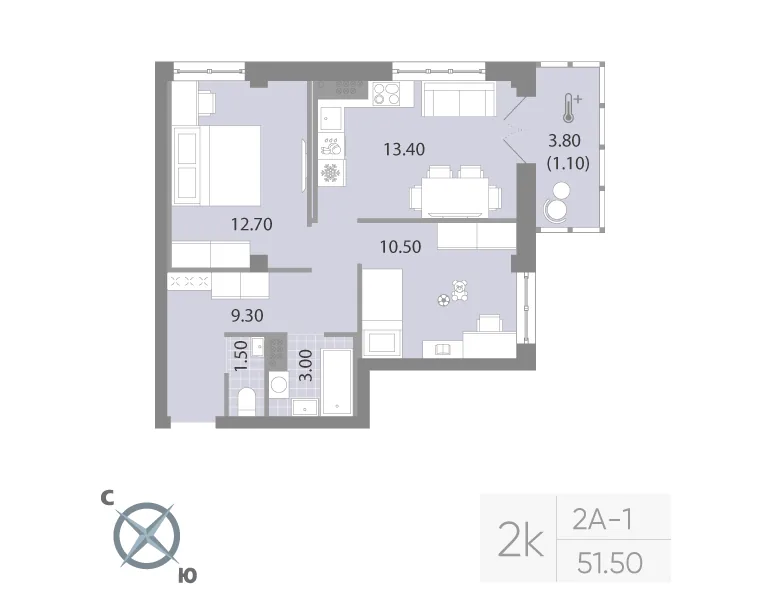 Планировка: Двухкомнатная квартира 52 м² в «Neva Residence»